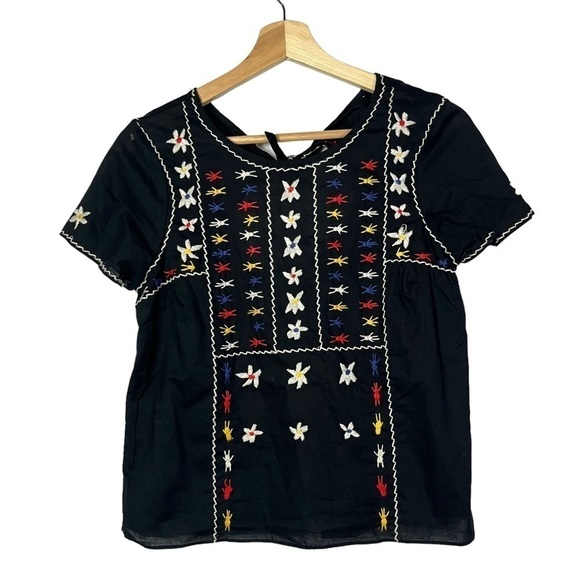 Madewell Black Embroidered Tie Back Cut Out Short Sleeve Blouse XS - Picture 3 of 5